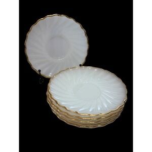 Vintage 1950s Anchor Hocking Milk Glass Dessert Plates Set 6 Gold Trim Swirl MCM